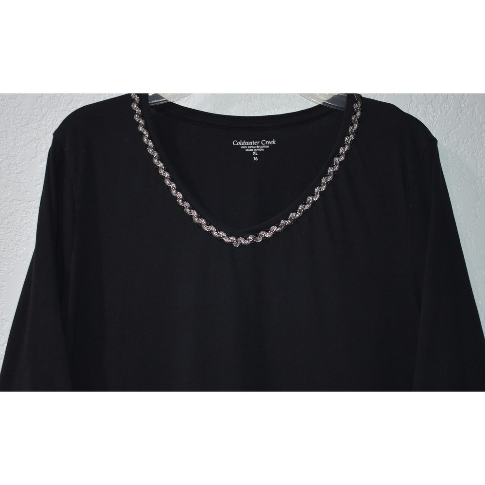 Coldwater Creek XL V-Neck Top Silver Metallic Trim Black Supima Cotton XL 16